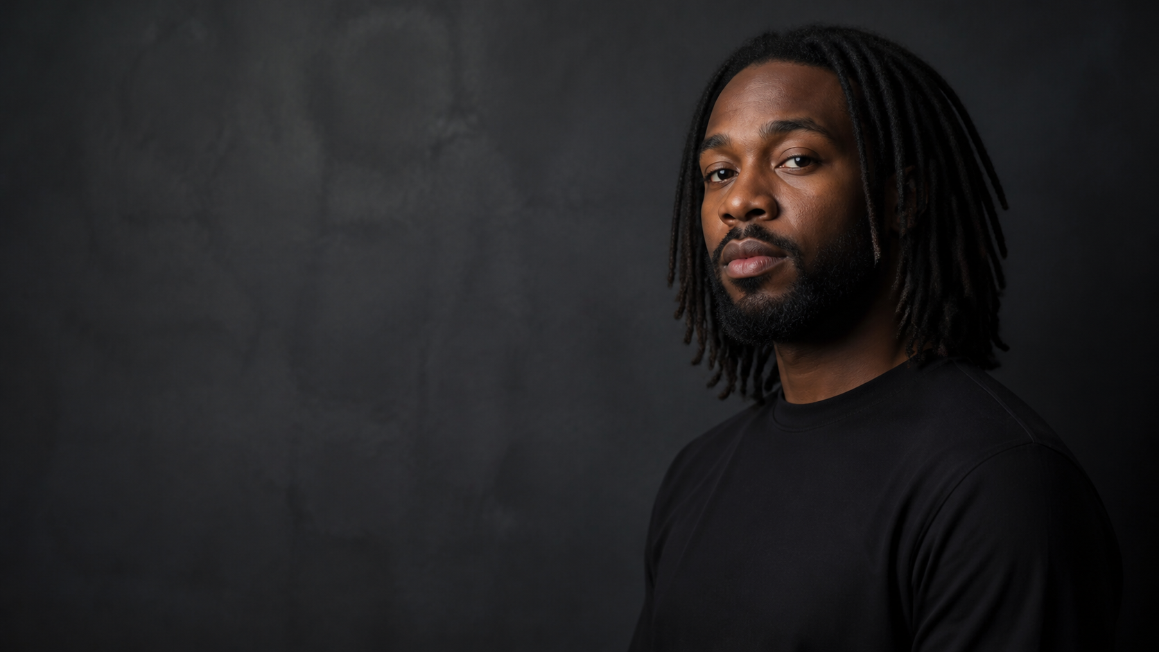 Editorial portrait of a man with shoulder-length locs