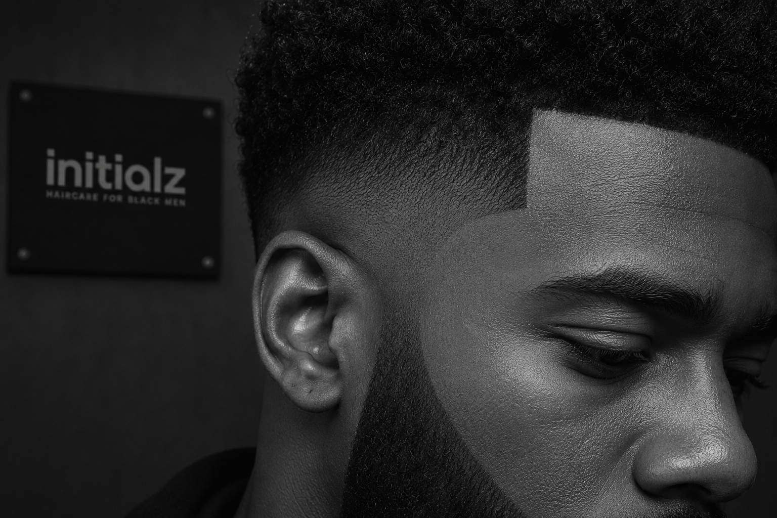A man with a fresh fade and lined beard beside the initialz brand plaque
